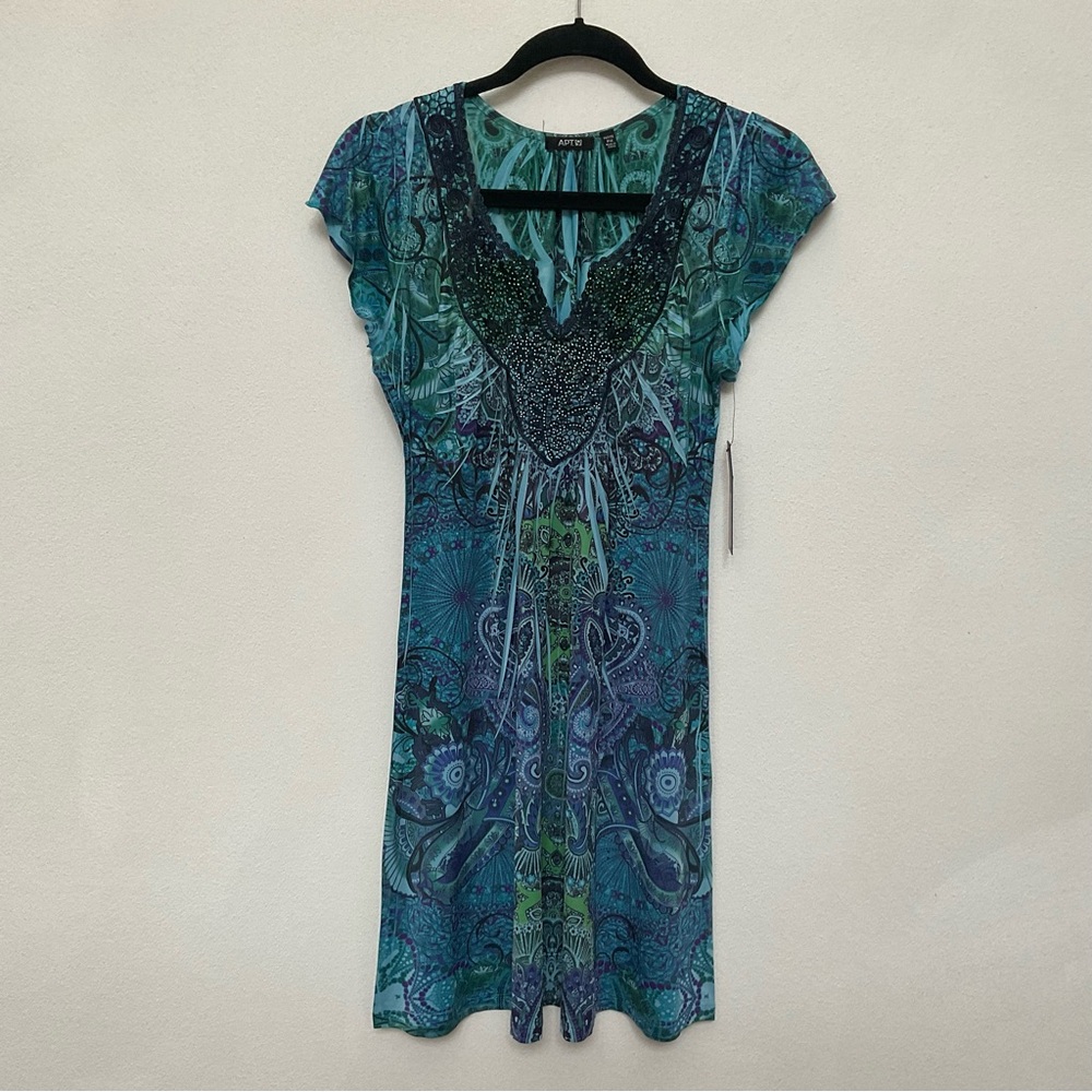 NWT Apt 9 Blue, Green Patterned Sparkle Neckline Cap Sleeve Dress Size MP